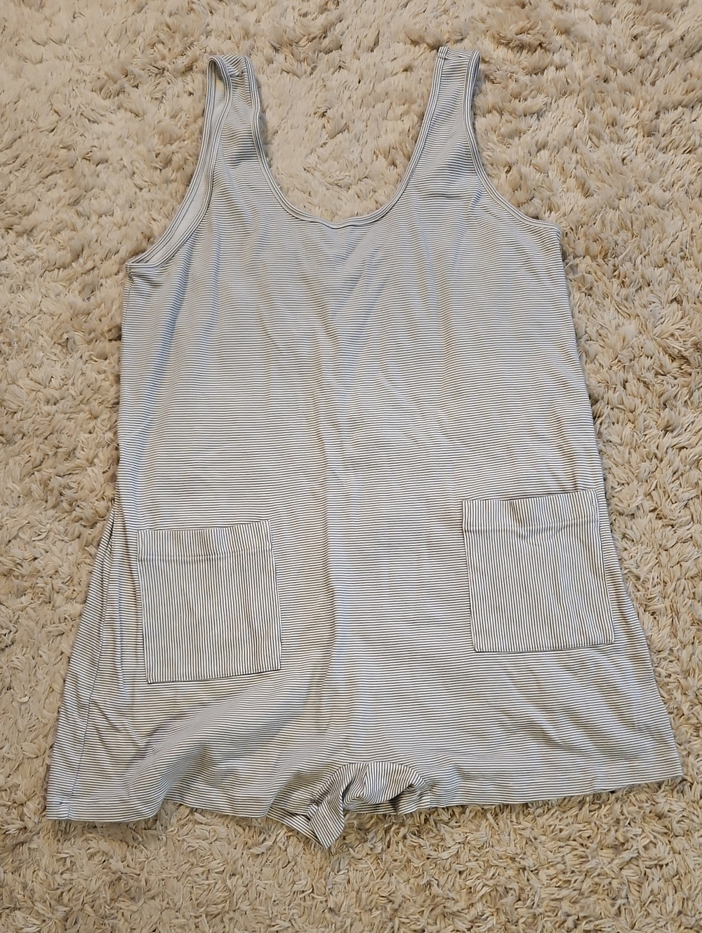 lunya Black & White Striped Sleeveless Romper with Pockets